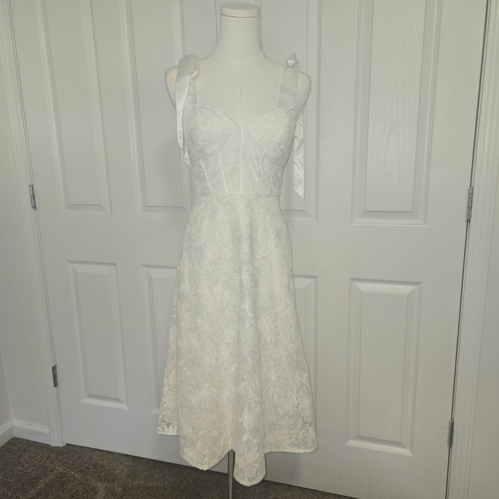 Aidan Mattox Floral Embroidery Midi Dress Women White Corset Tie Shoulder A-Line